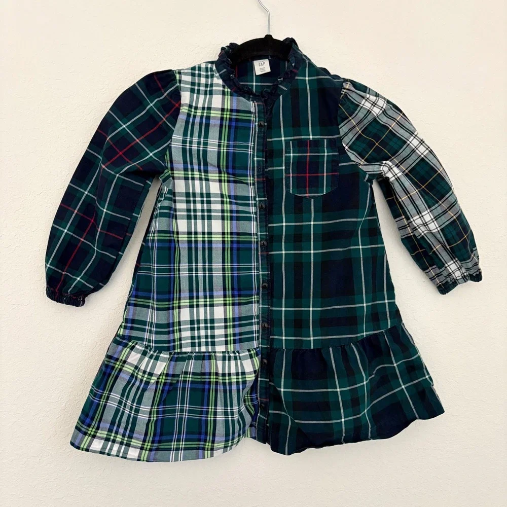 Gap Toddler Girls Green Mixed Plaid Ruffle Collar Shirt Dress Size 5 Years